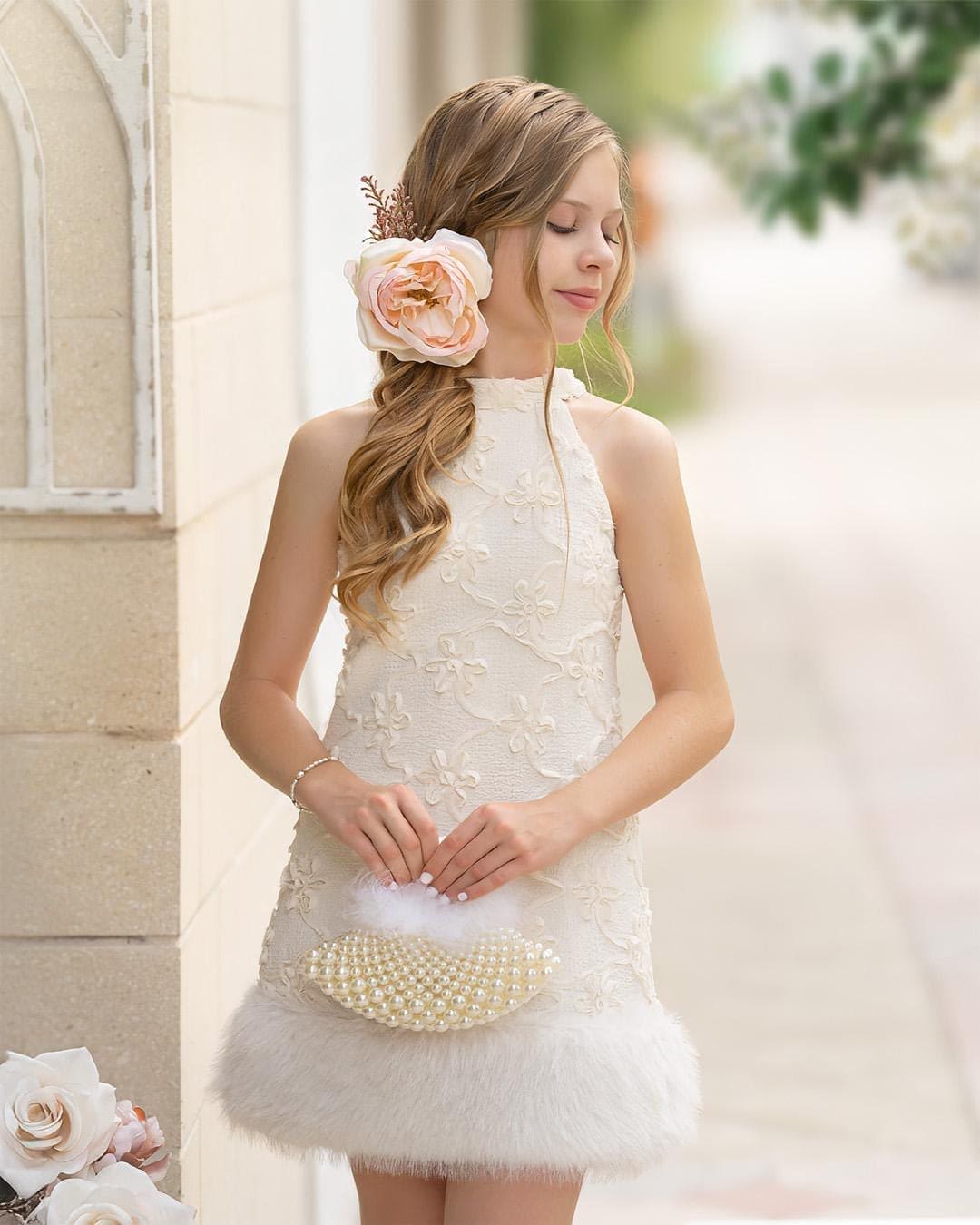 Ava Ivory Flower Faux Fur Dress
