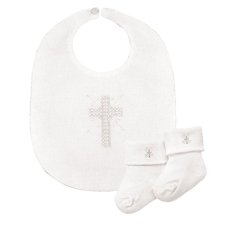Embroidered Cross Bib & Lace Sock Set