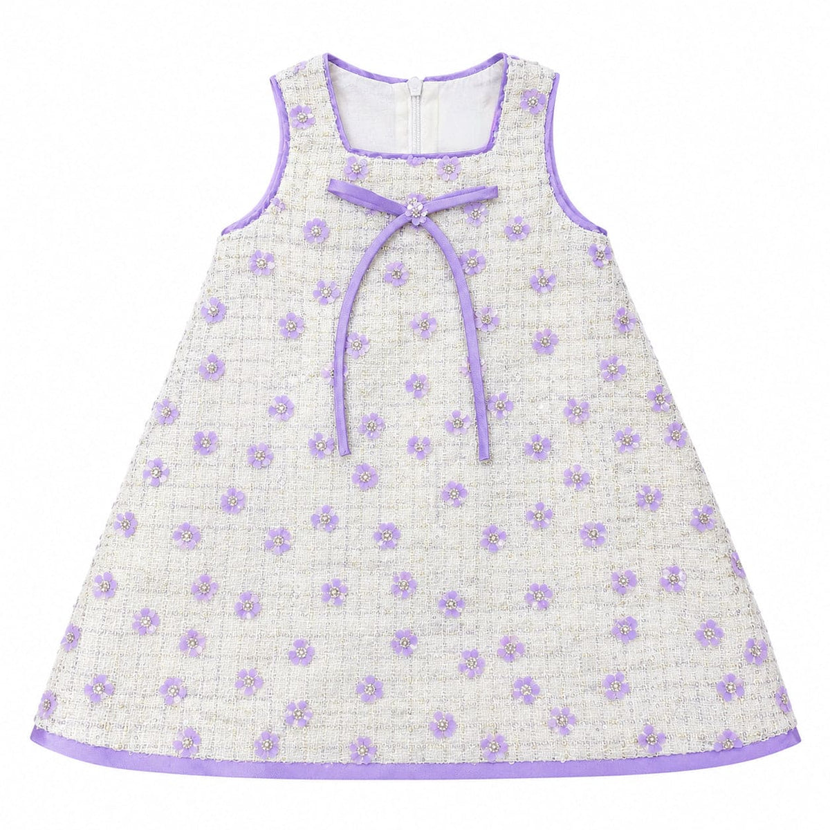White Bouclé Tweed Dress with Lavender Flowers