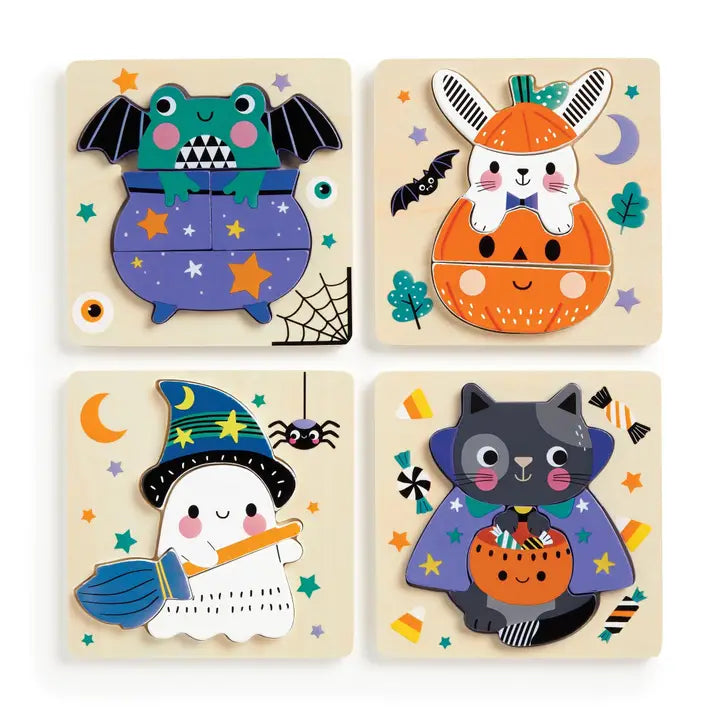 Spooky Friends Wooden Puzzle Set, 4 Puzzles