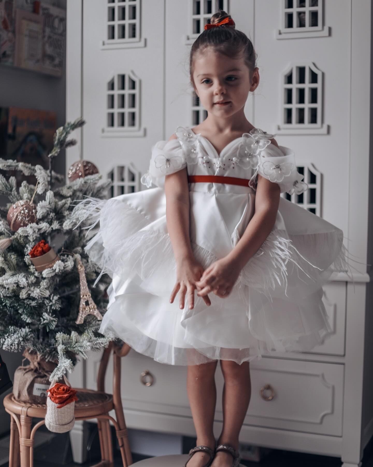 Constanza White Ceremony Dress with Red Bow