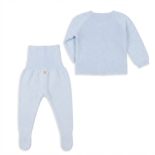 Baby Blue Openwork Point Cotton Knit Set with Embossed Teddy Bears