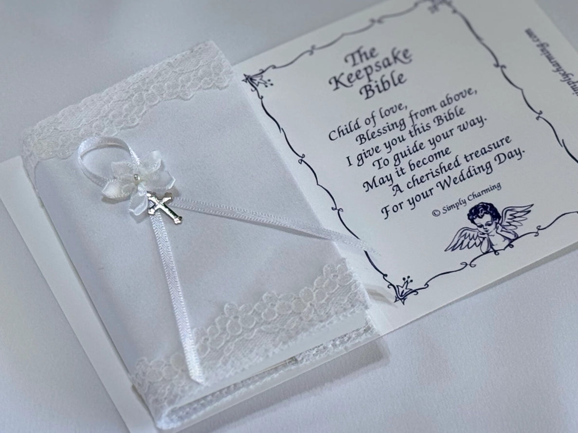 White Satin Baby Bible with Cross