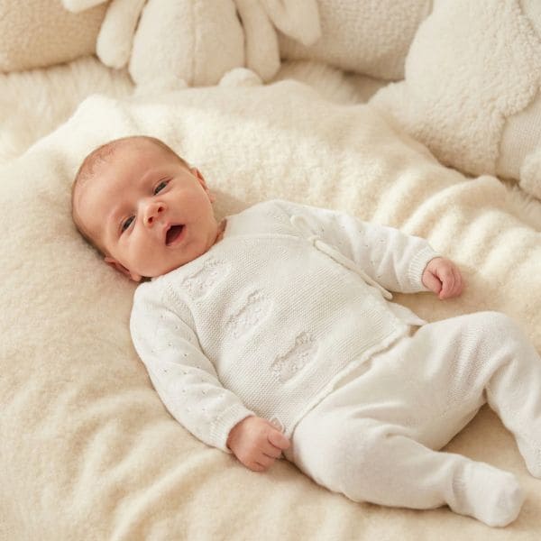 White Openwork Point Cotton Set with Embossed Teddy Bears