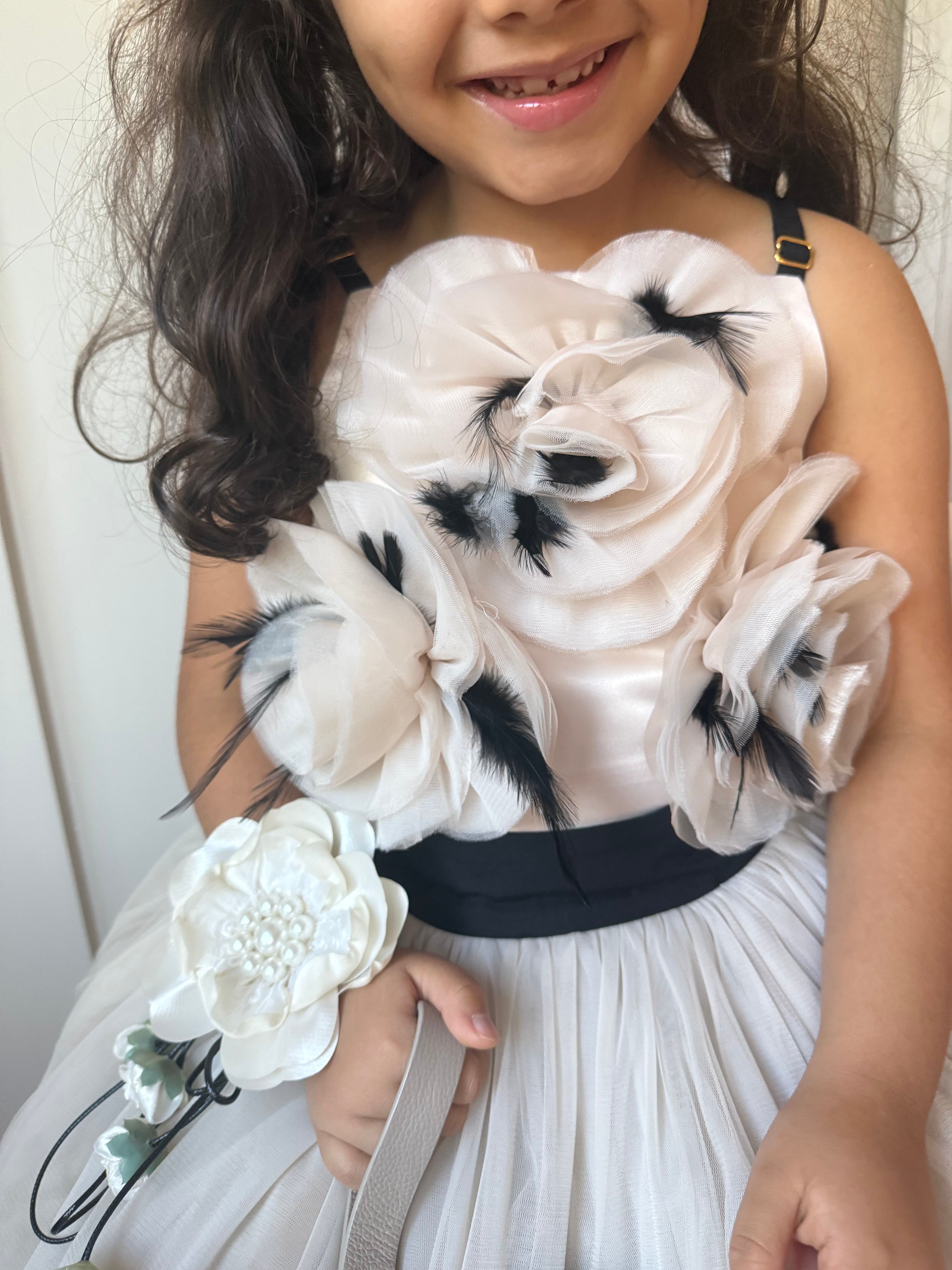 Evangeline Champagne Ivory Flower Tie With Pearl Center and Flower Tassels