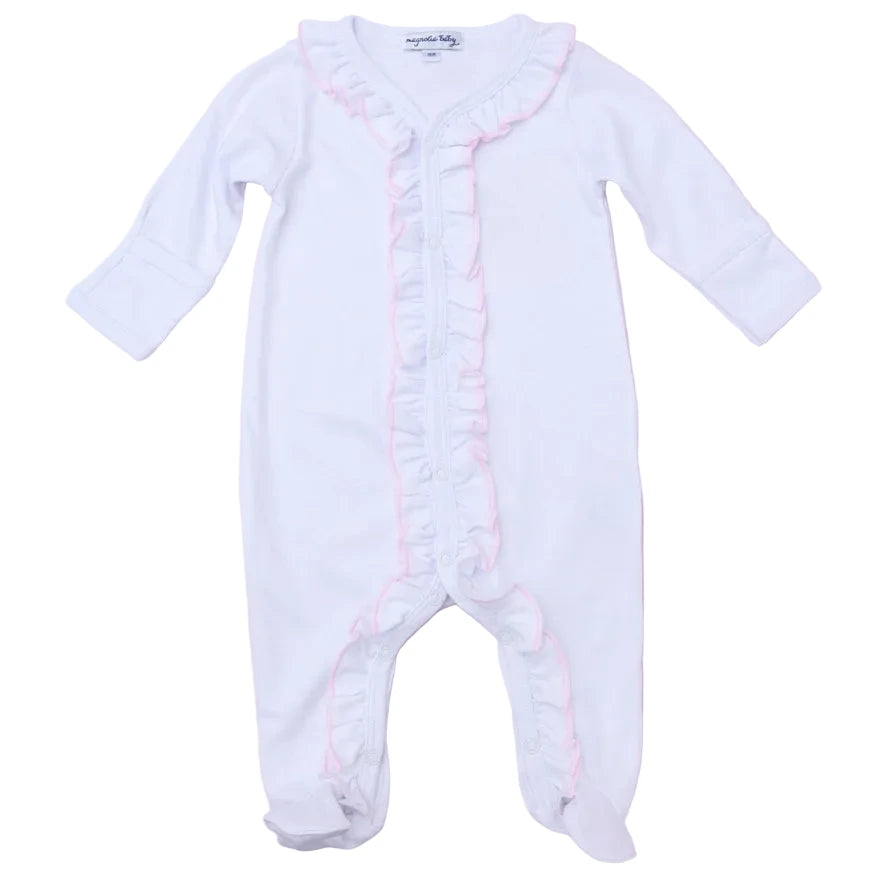 White Ruffle Pima Cotton Babygrow with Pink Trim
