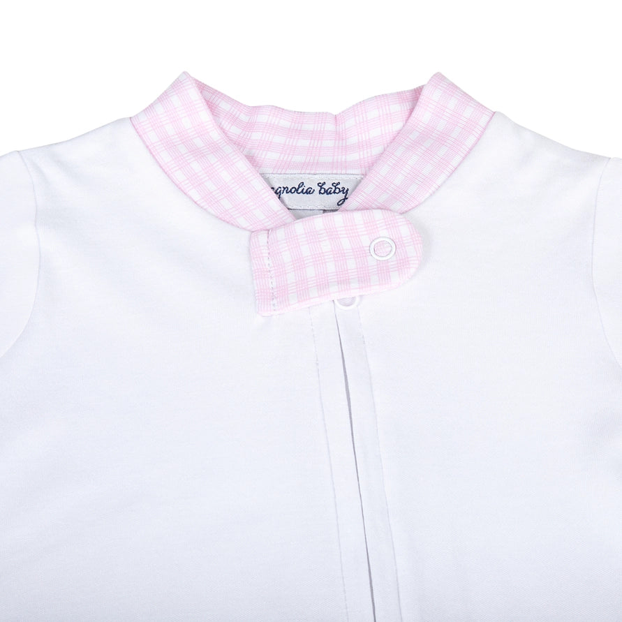 White Pima Cotton Zip Footie with Pink Mini Check Trim