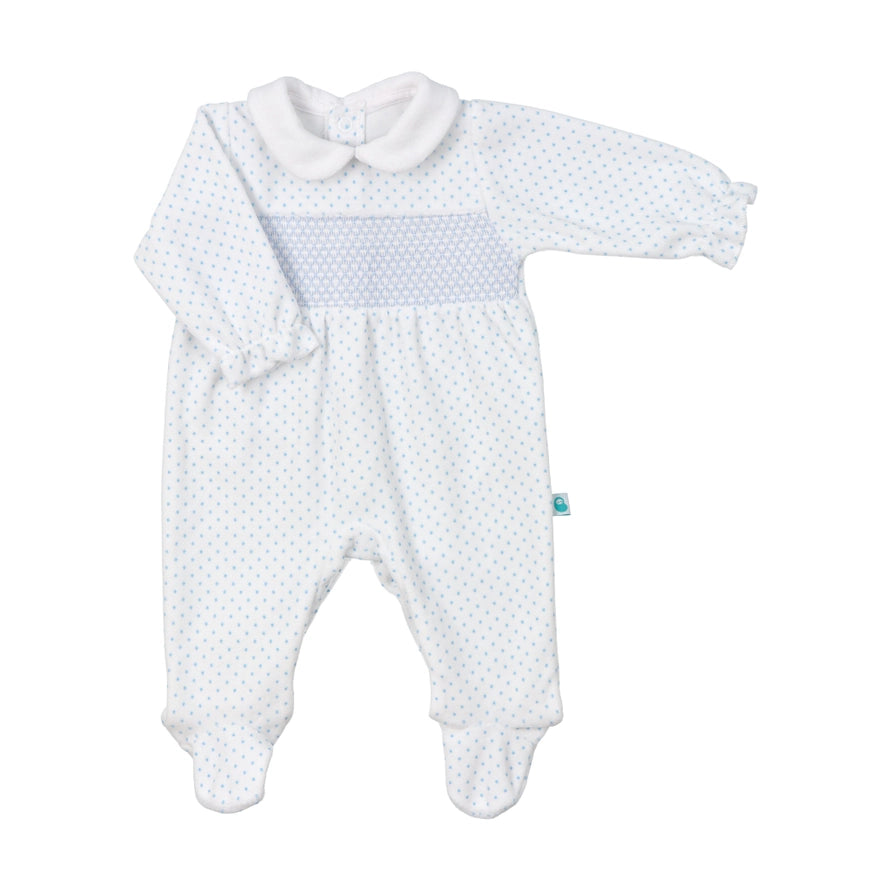 George White with Blue Polka Dot Velour Babygrow