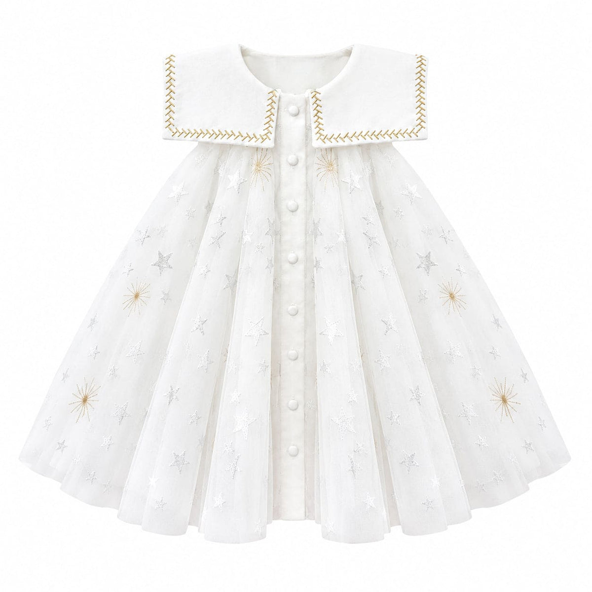 Star White Tulle Dress with Silver & Gold Embroidery