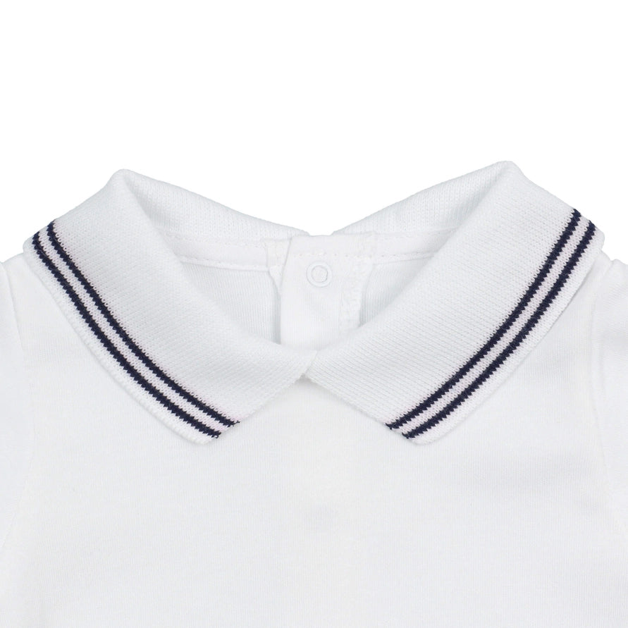 White Cotton Baby Bodysuit Onesie with Navy Blue Stripes Collar