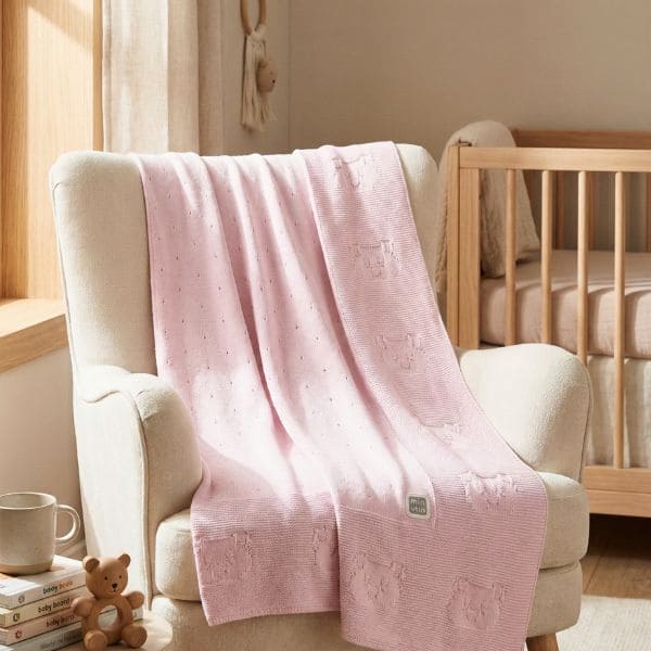 Pink Baby Knit Blanket Cotton with Teddy Bear Pattern