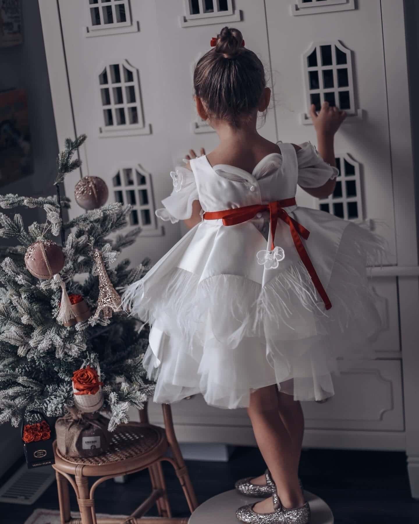 Constanza White Ceremony Dress with Red Bow