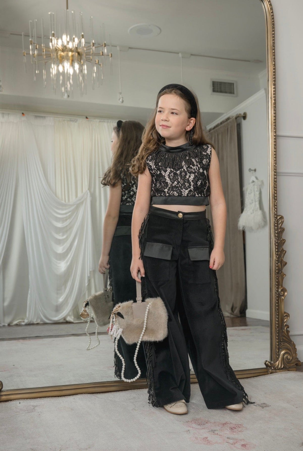 Cowboy Black Wide-Leg Cargo Pants with Fringe