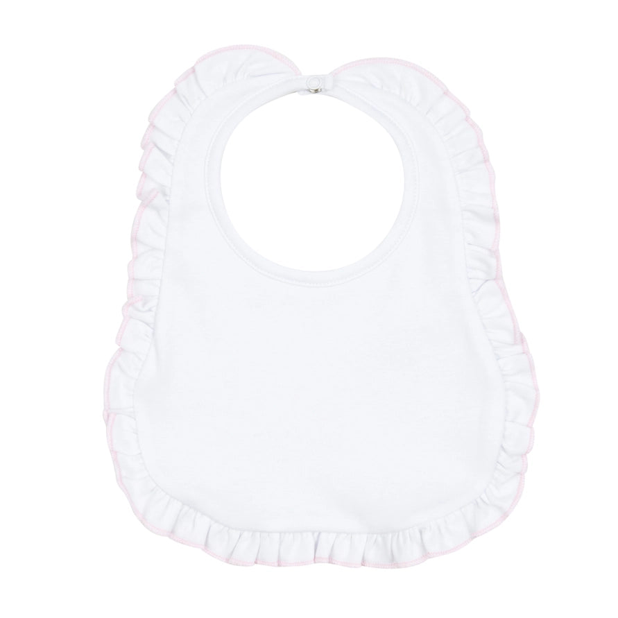Solid Essentials White Baby Bib with Pink Ruffle Trim
