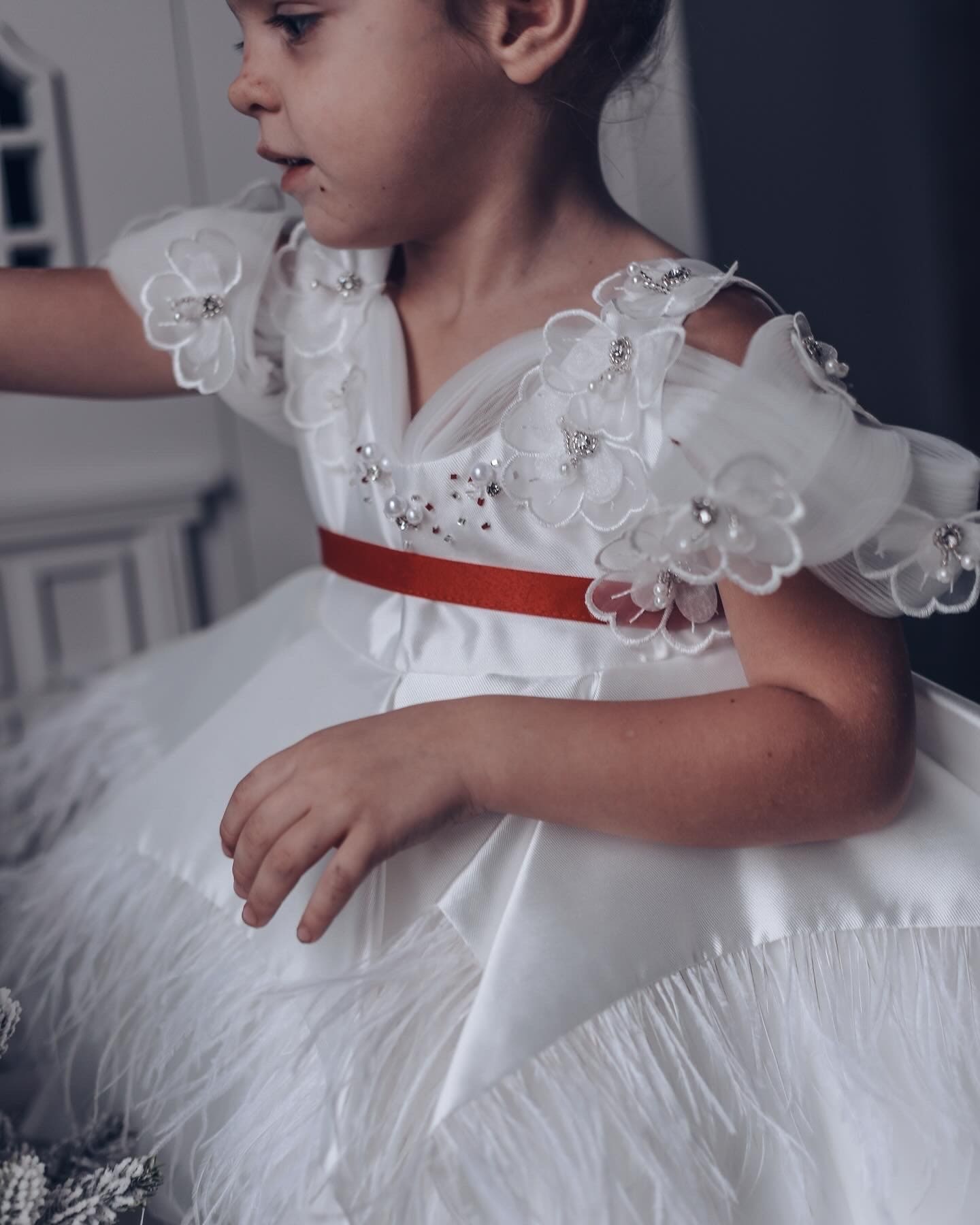 Constanza White Ceremony Dress with Red Bow