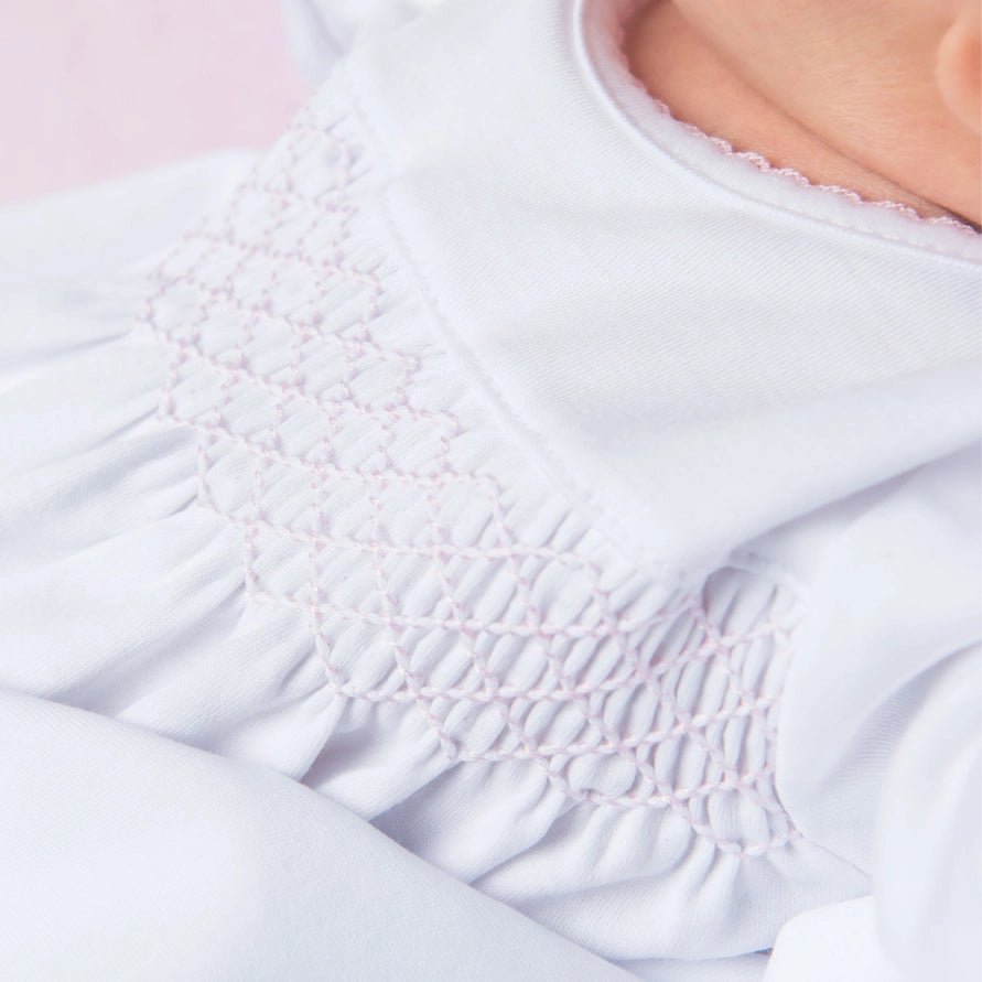 Solid Essentials White Pink Smocked Gown — Pima Cotton Newborn Gown