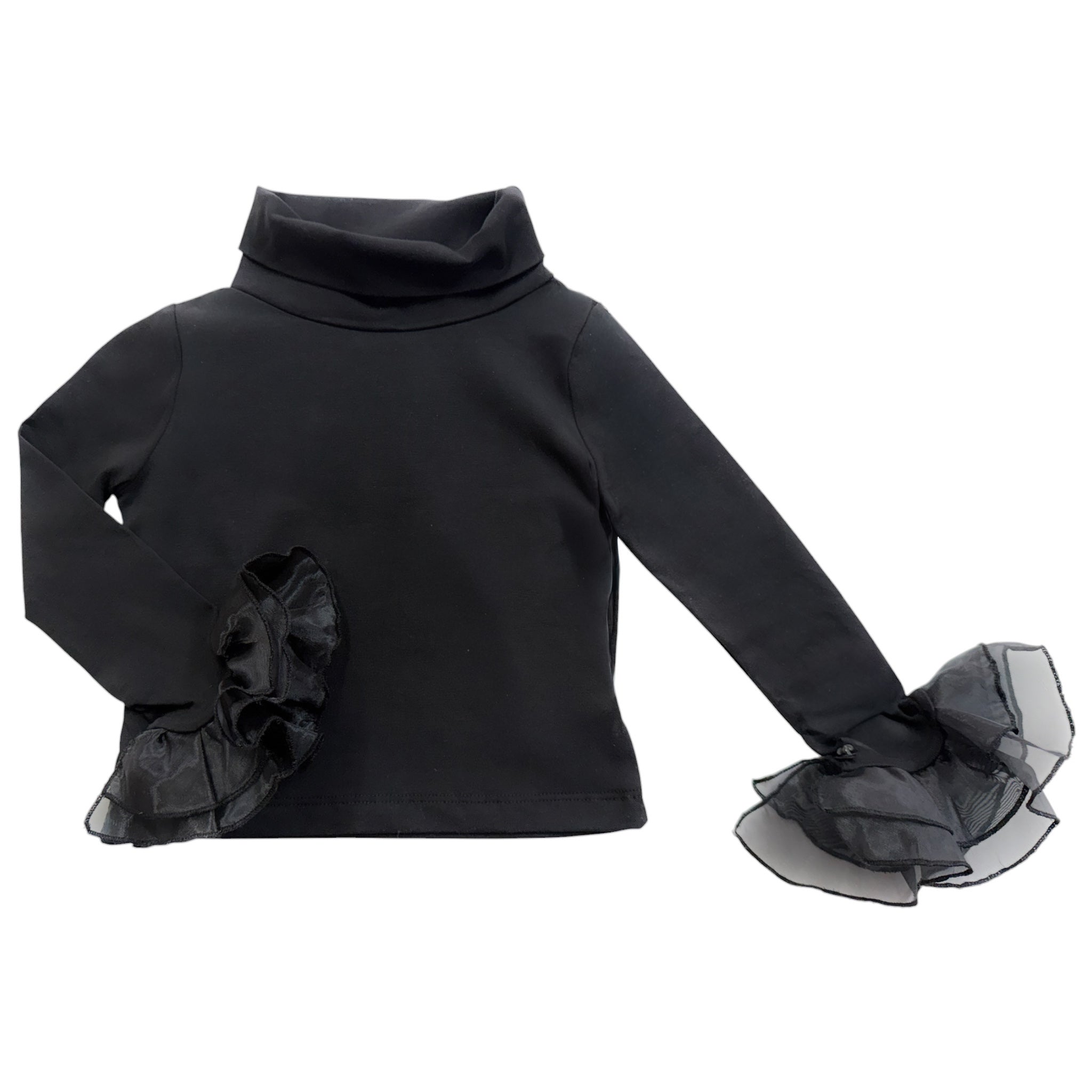 Black Cotton Turtleneck with Organza Sleeves