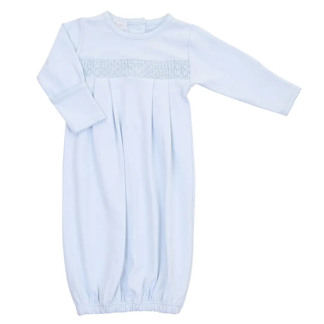 Essentials Solid Blue Smocked Gown — Pima Cotton Newborn Gown