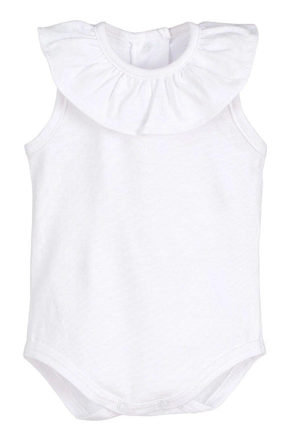 Titan Sleeveless White Jersey Cotton Bodysuit with Ruffle Collar