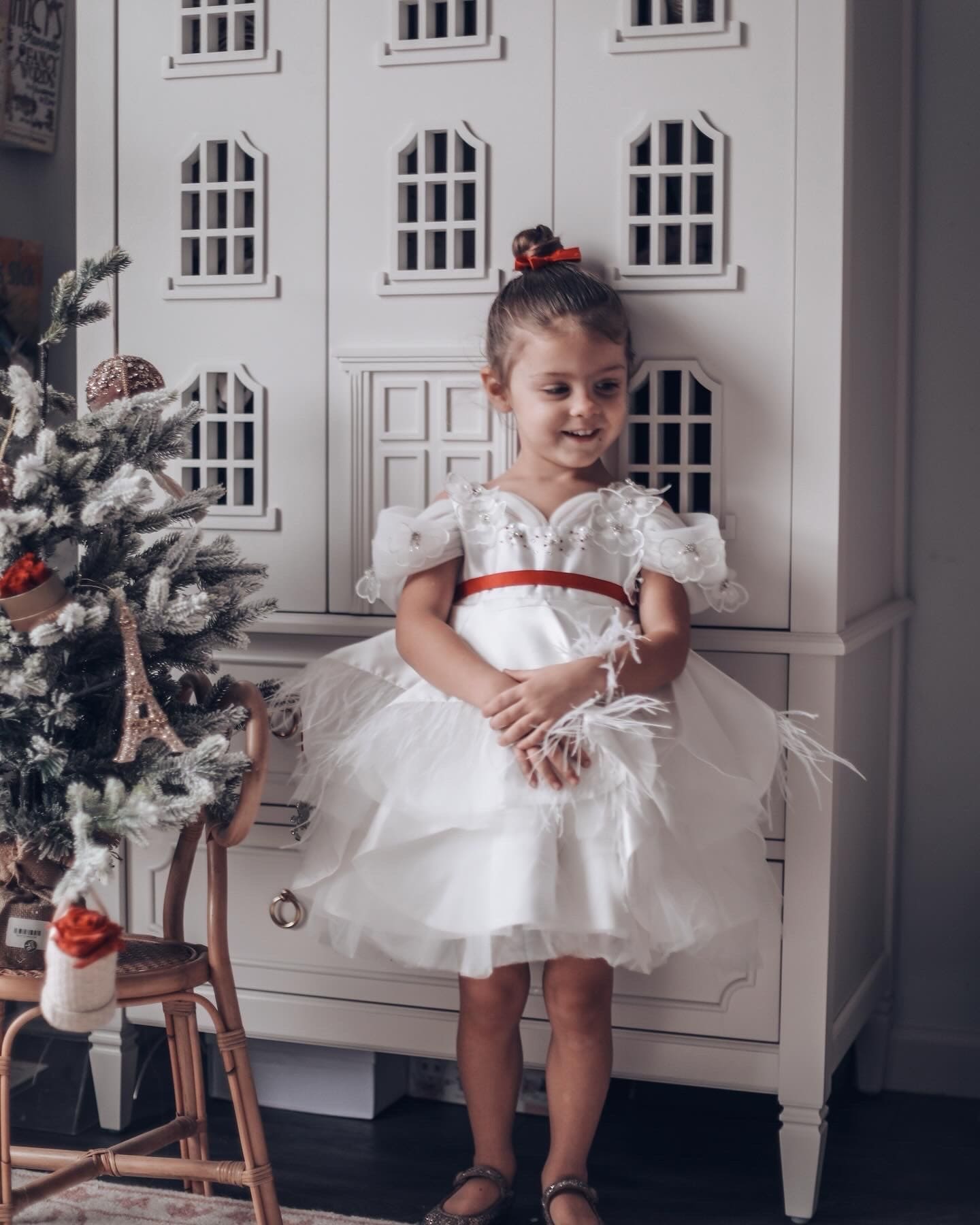 Constanza White Ceremony Dress with Red Bow