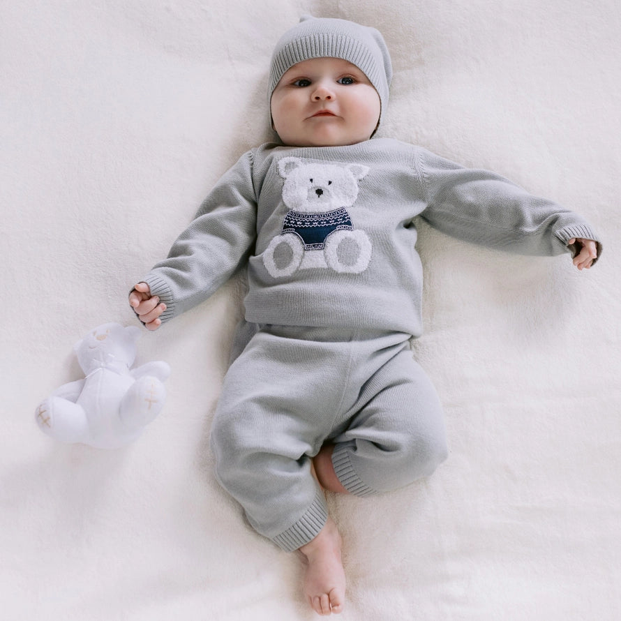 Enzo Grey Knit Teddy Trouser Set with Hat
