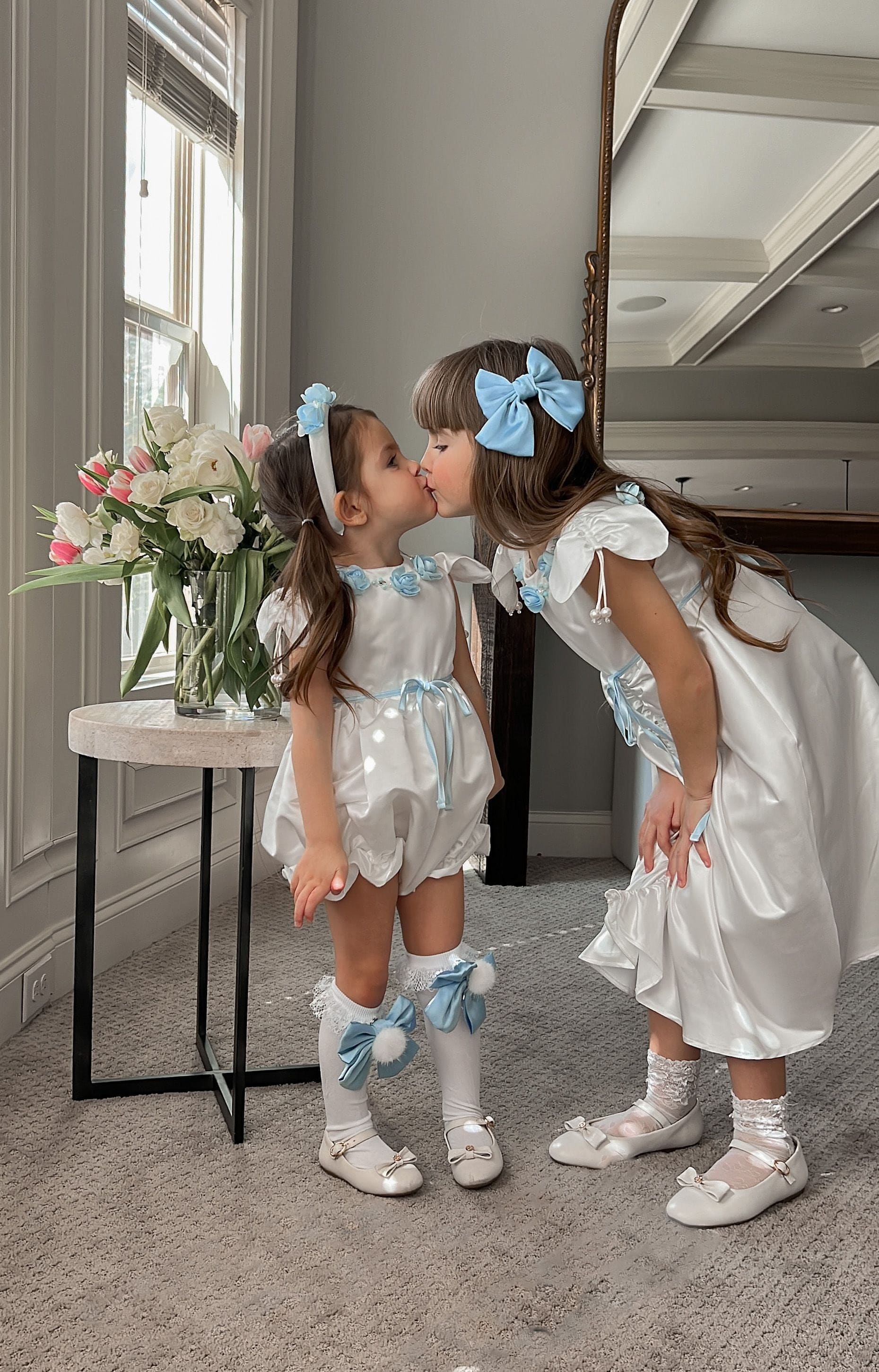 Daphne White Satin Romper with Blue Embroidery