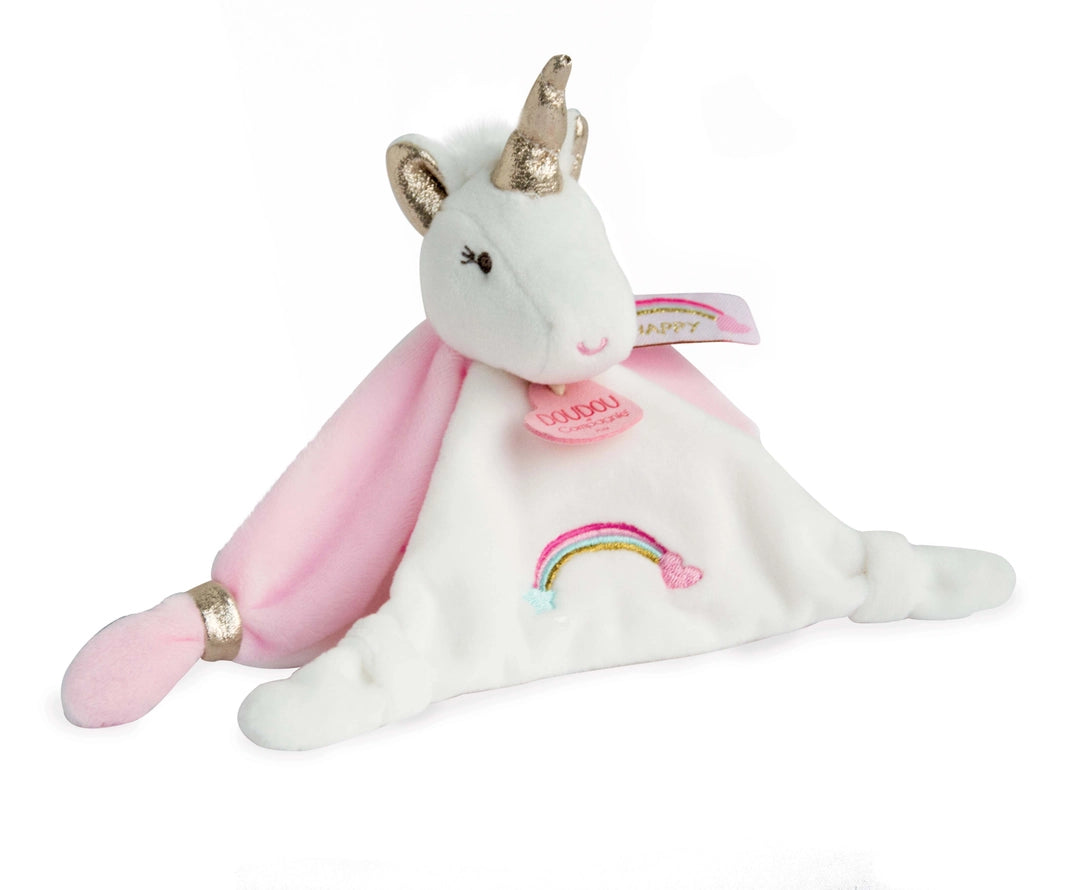 Soft unicorn security blanket baby doudou with gold unicorn horn