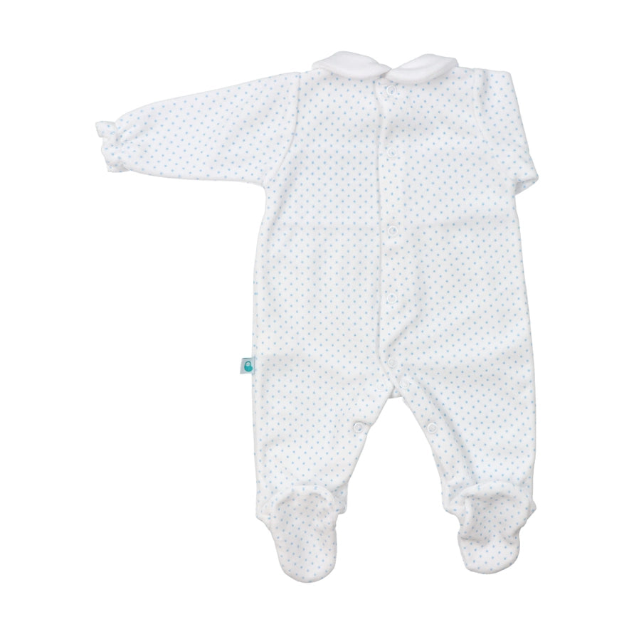George White with Blue Polka Dot Velour Babygrow