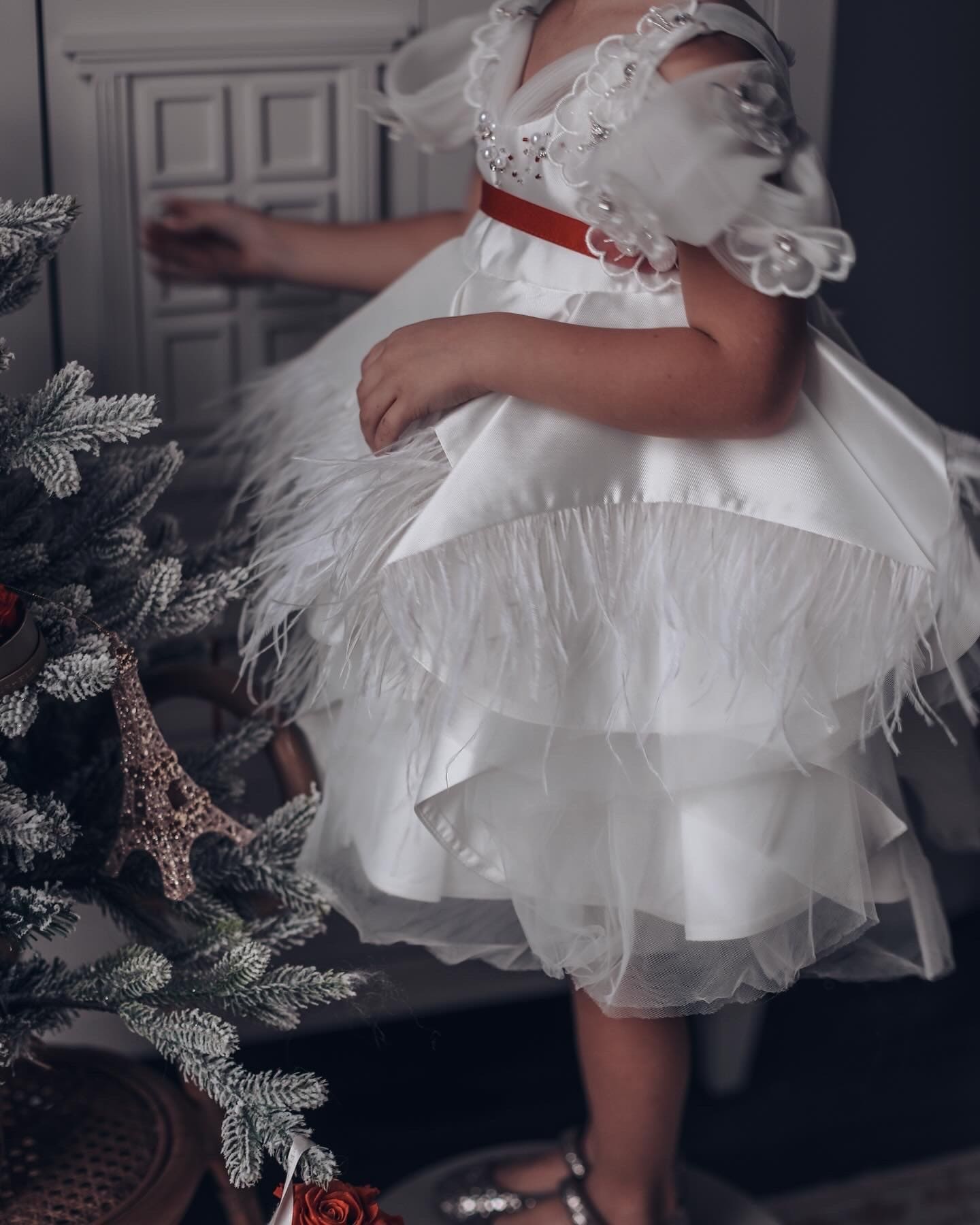 Constanza White Ceremony Dress with Red Bow