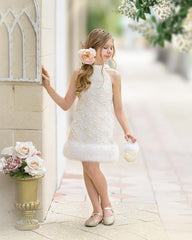 Ava Ivory Flower Faux Fur Dress
