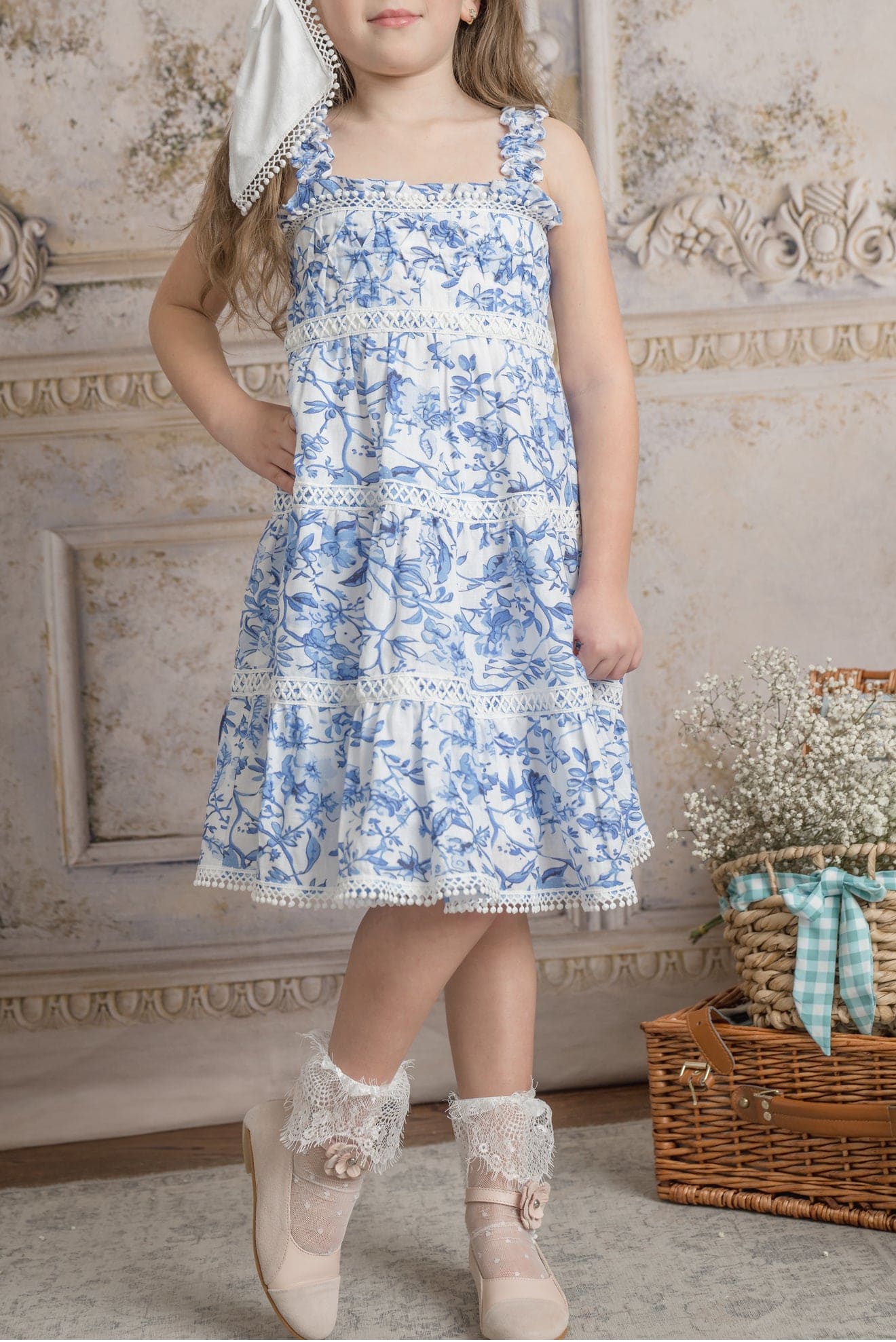 Jaylin Blue and White Linen Sleeveless Summer Dress