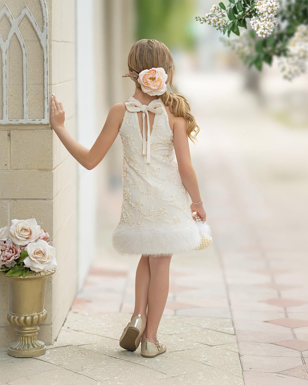 Ava Ivory Flower Faux Fur Dress