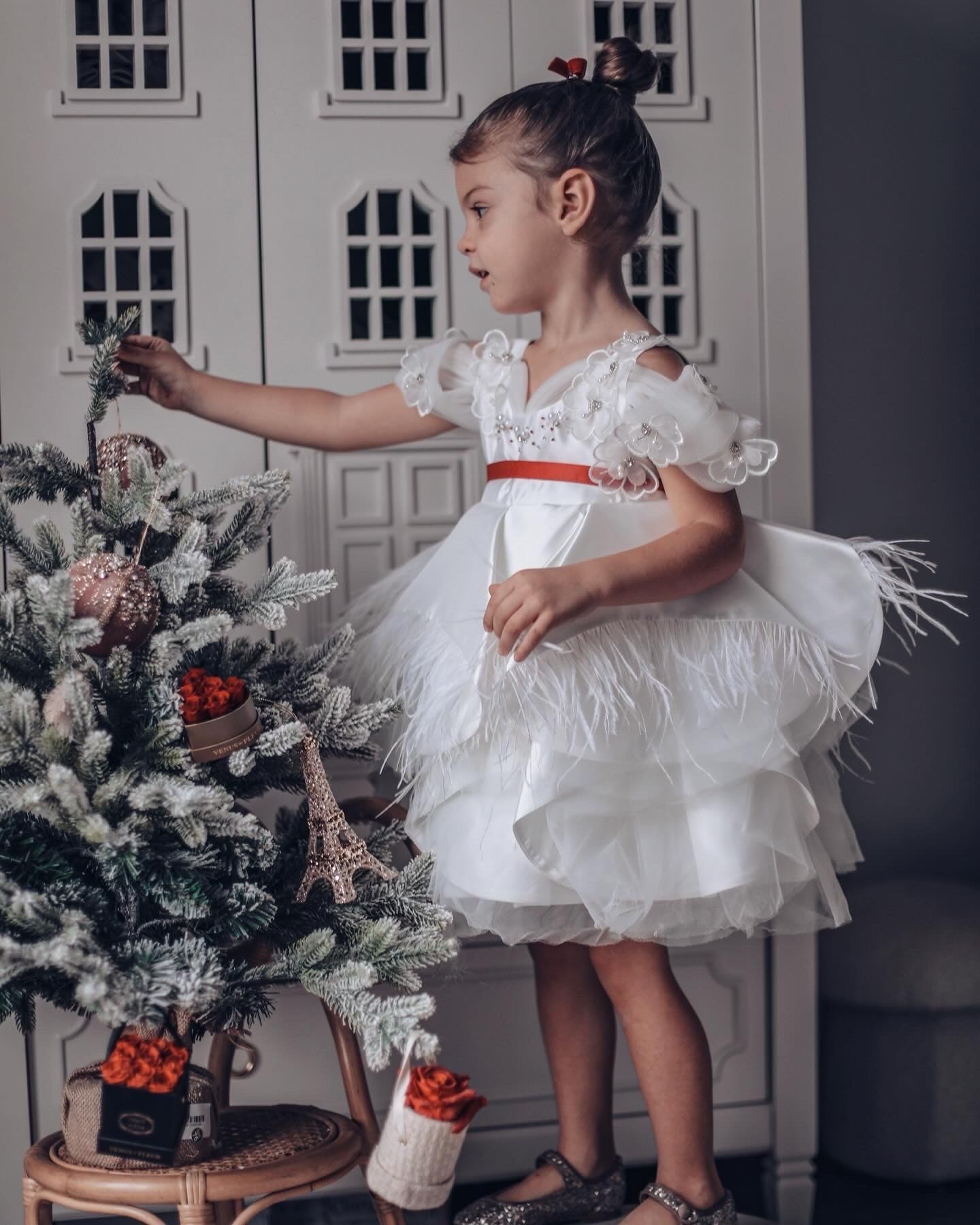 Constanza White Ceremony Dress with Red Bow