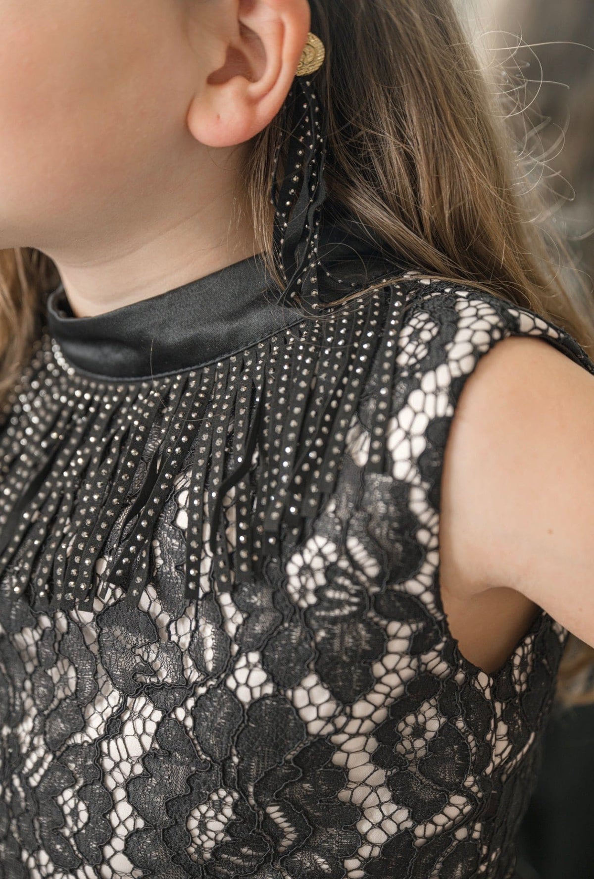Cowboy Black Velour Bow Headband with Fringe & Gold Buttons