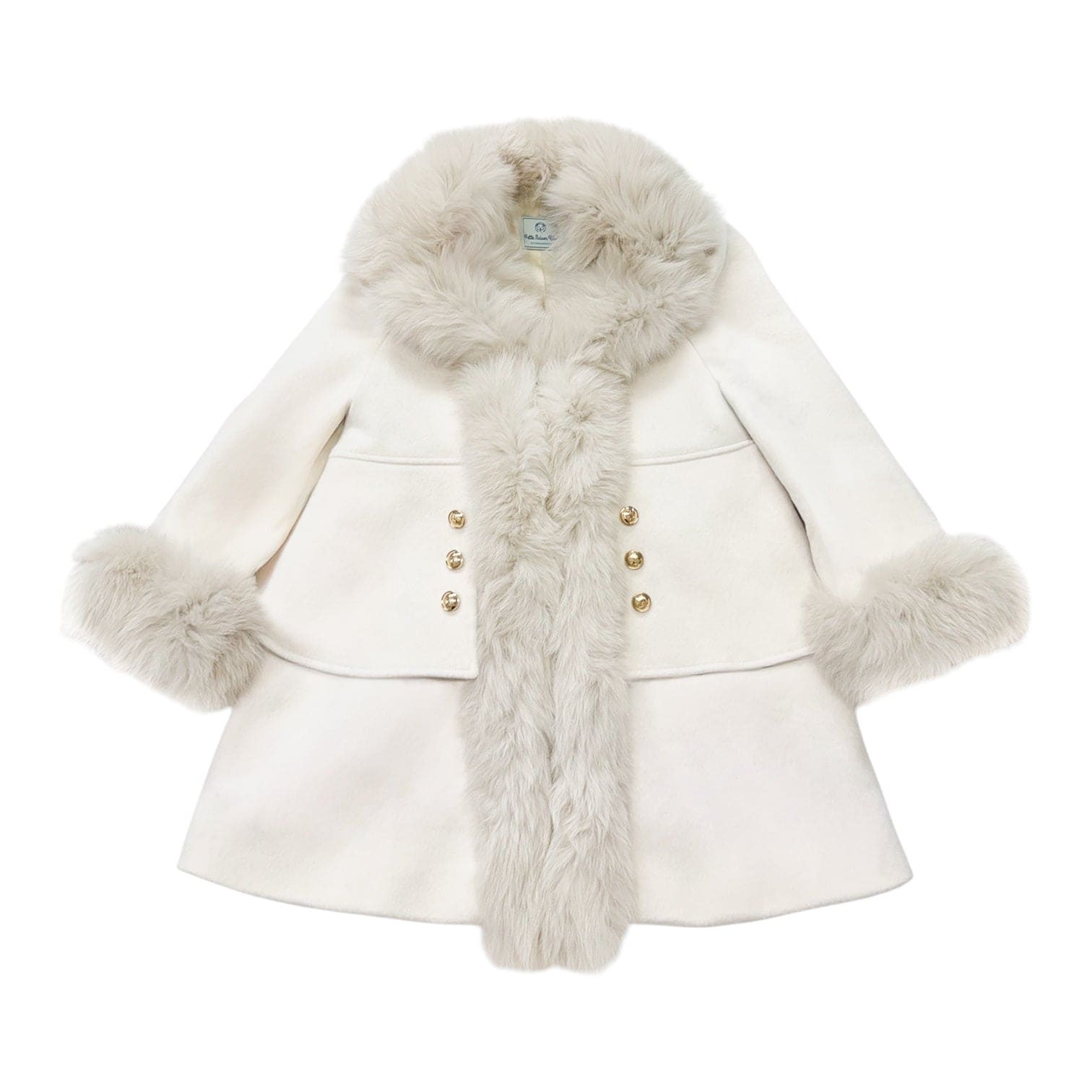An off-white faux fur coat with a matching faux fur collar, cuffs, and center trim, featuring gold button accents on the front, displayed on a solid white background.