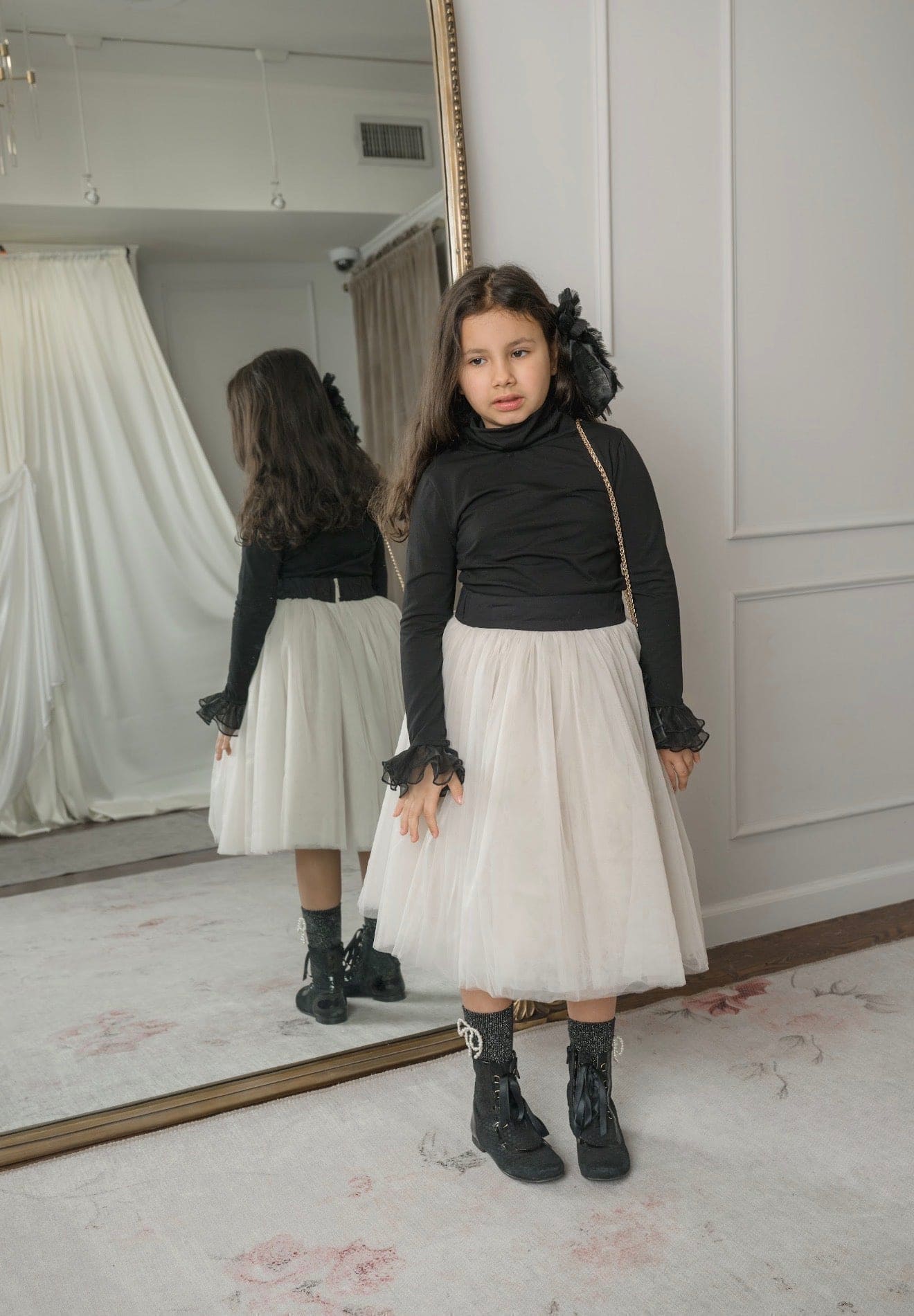 Black Cotton Turtleneck with Organza Sleeves - Petite Maison Kids