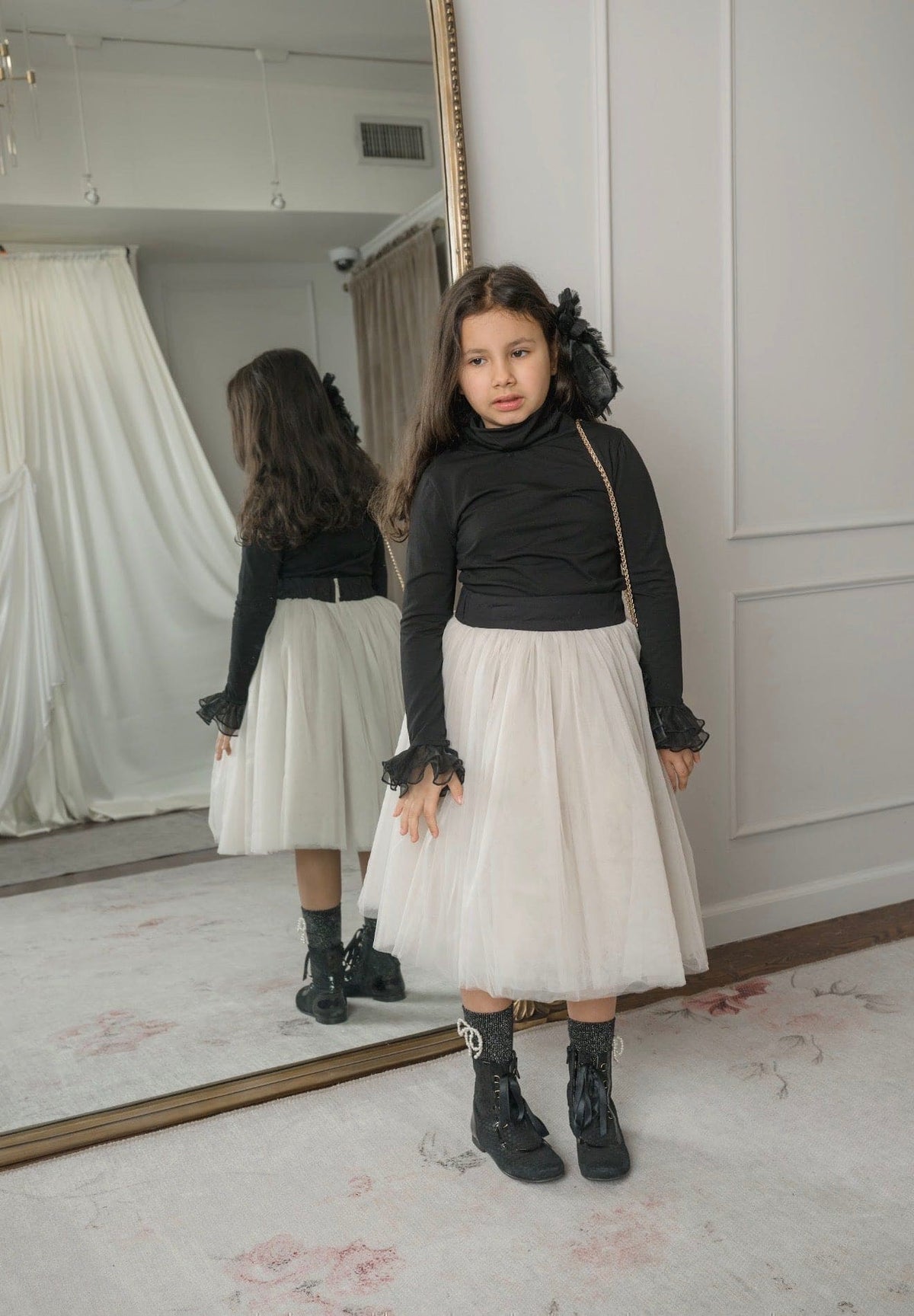Black Cotton Turtleneck with Organza Sleeves - Petite Maison Kids