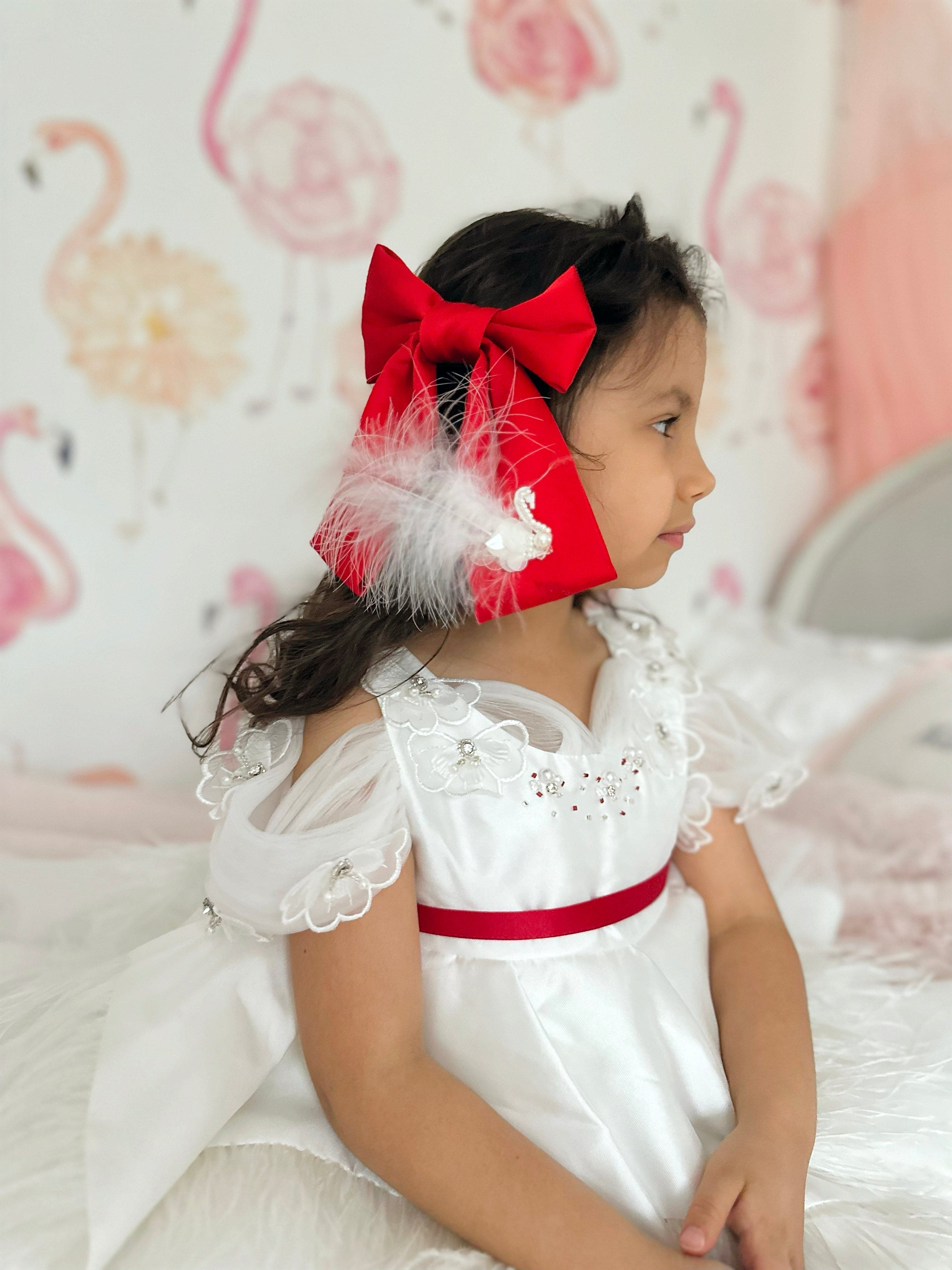 Anise Satin Embroidered Hair Bows - Red