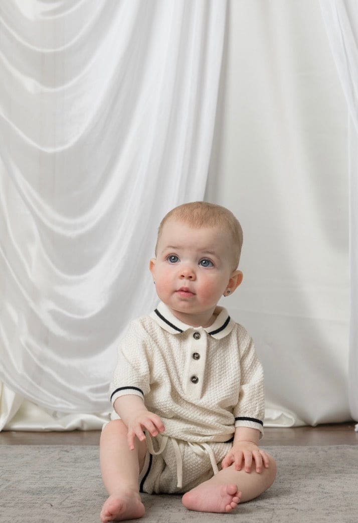 Brody Ivory with Black Trim Cotton Polo Top and Shorts Set - Petite Maison Kids