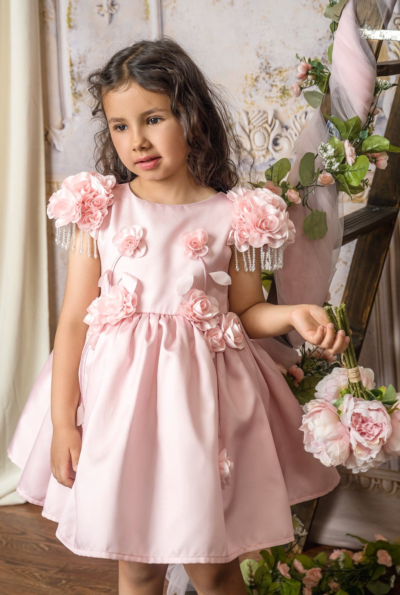 Azalea Pink Dress With Shoulder Flowers