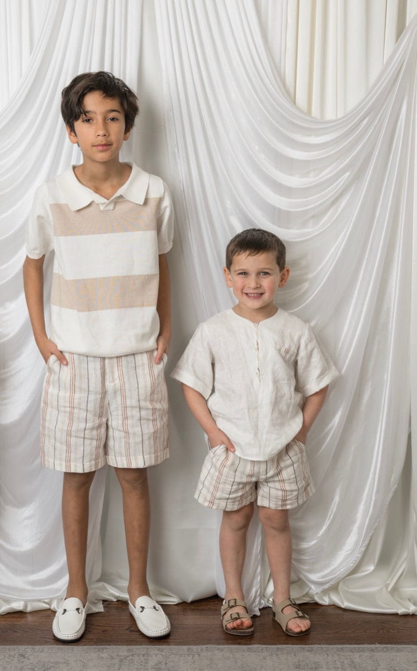 White and Beige Boys' Striped Linen Shorts - Petite Maison Kids