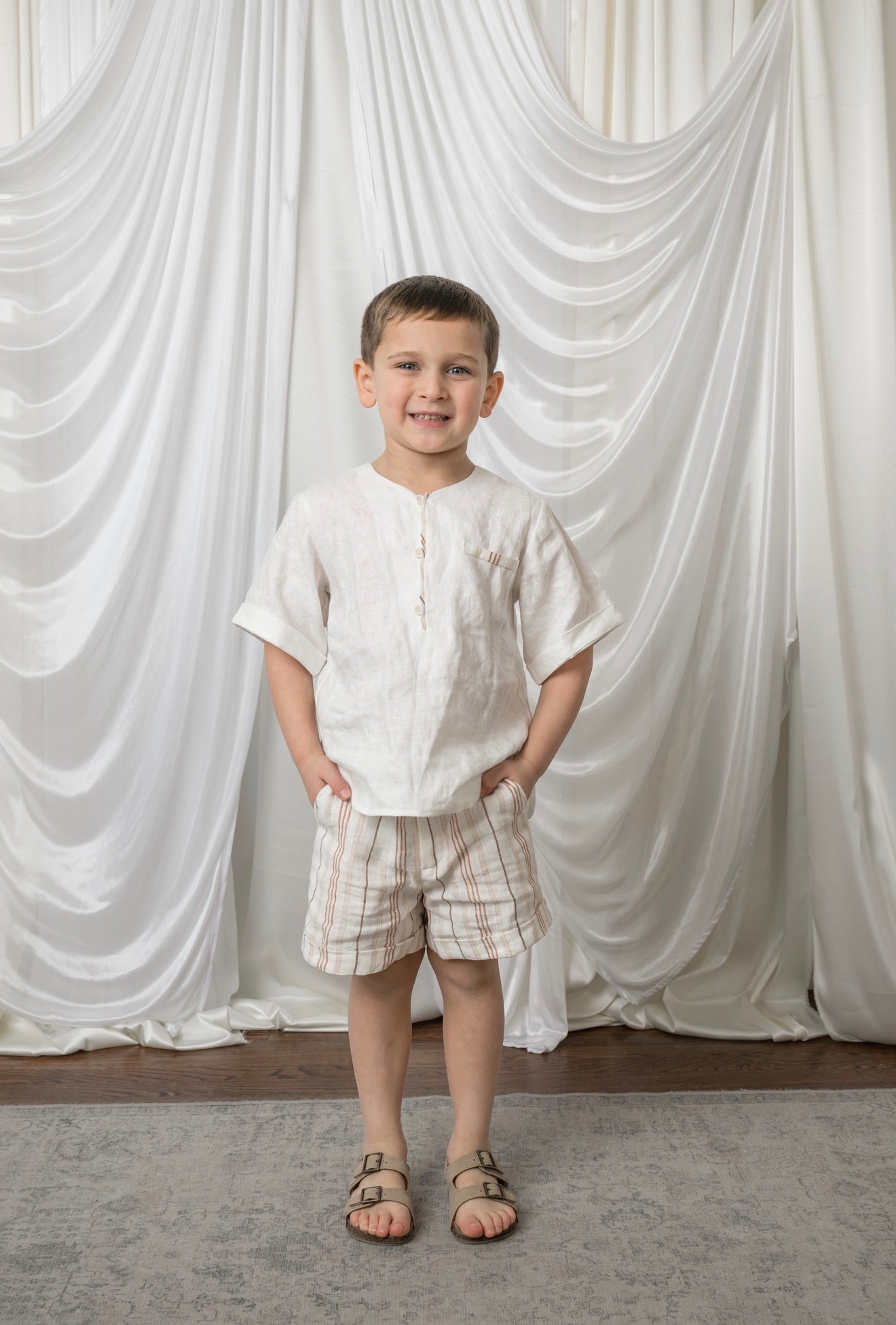 White Linen Boys' Mandarin Collar Top