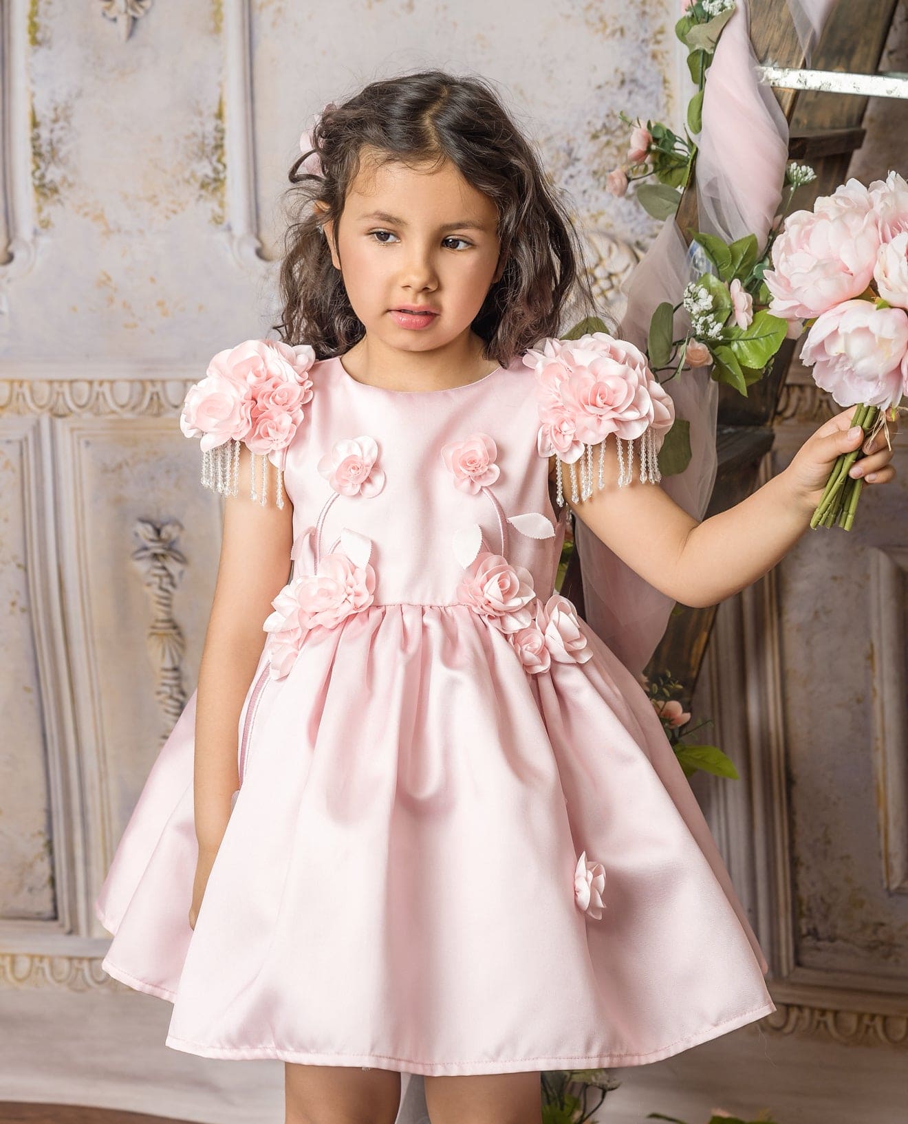 Azalea Pink Dress With Shoulder Flowers