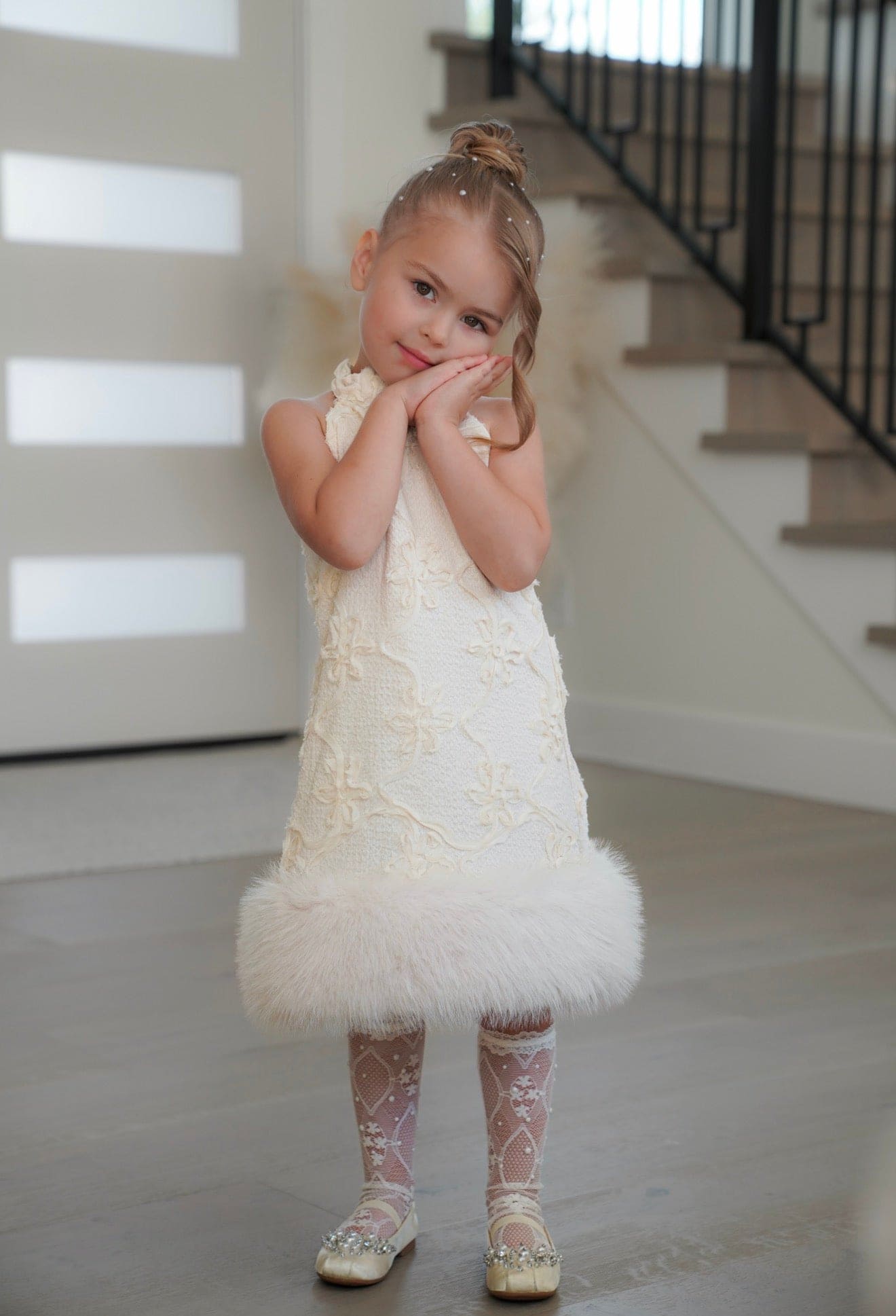 Ava Ivory Flower Faux Fur Dress