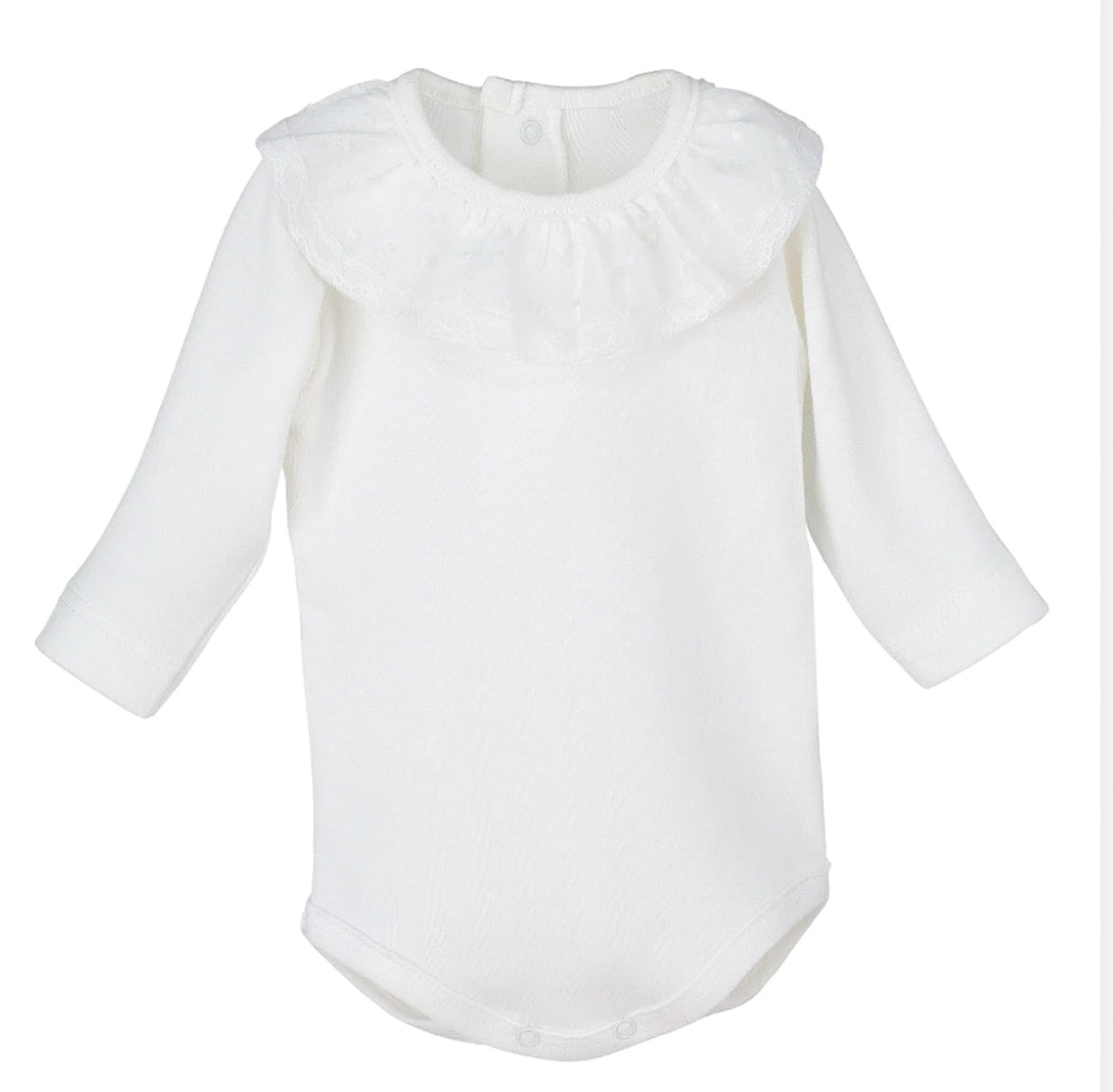Off-White Cotton Baby Bodysuit with Plumetis Collar
