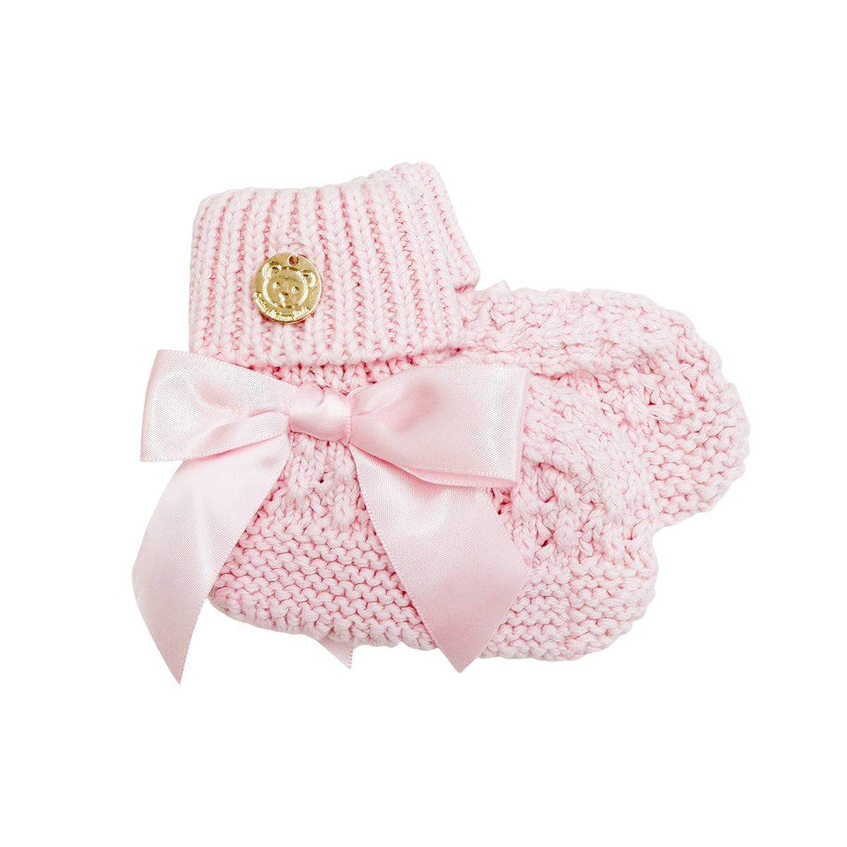 Pink Cotton Knit Baby Booties with Satin Bow