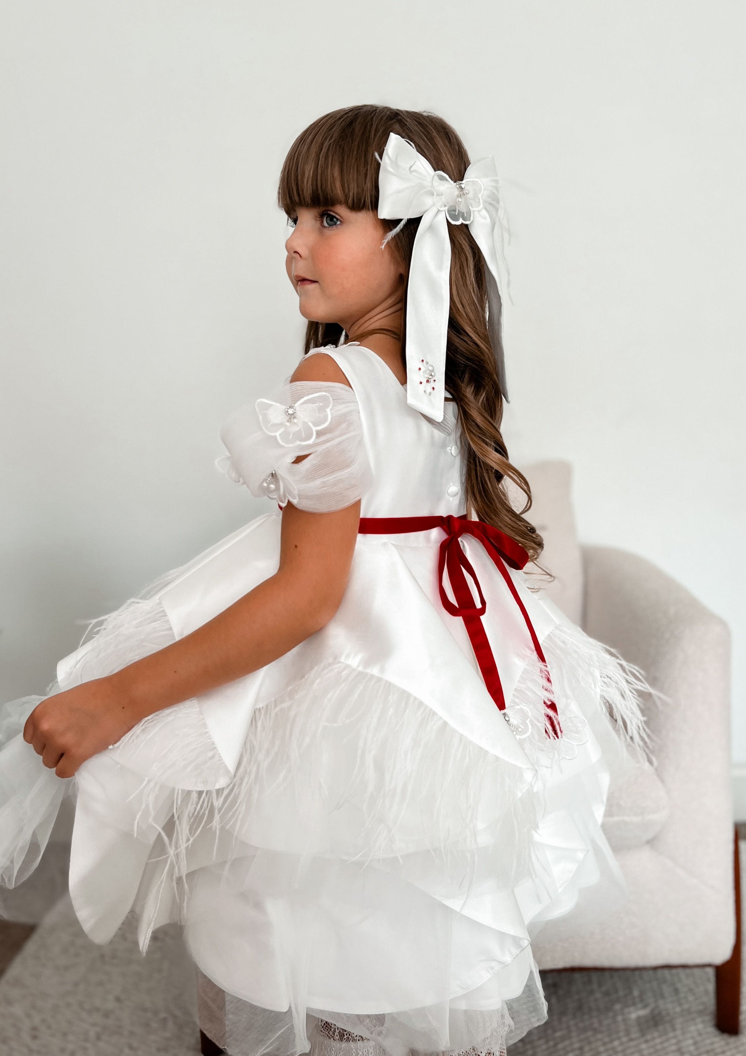 Constanza White Ceremony Dress with Red Bow