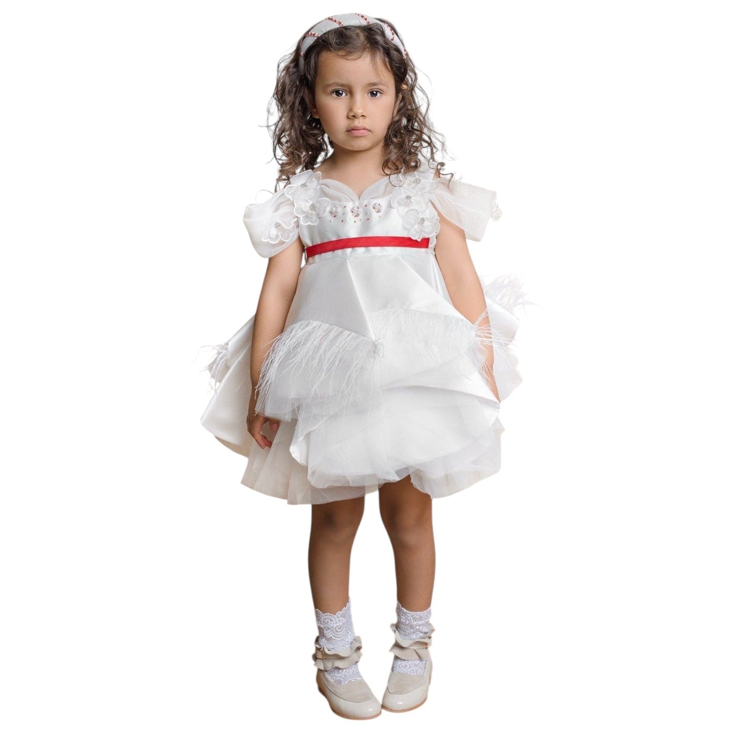 Constanza White Ceremony Dress with Red Bow
