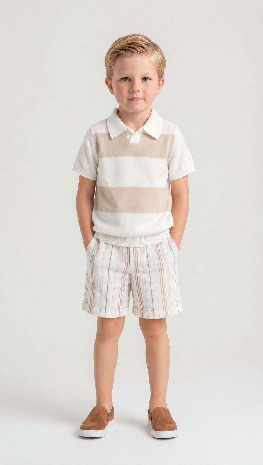 Bennet White And Beige Cotton Knit Polo Shirt - Petite Maison Kids