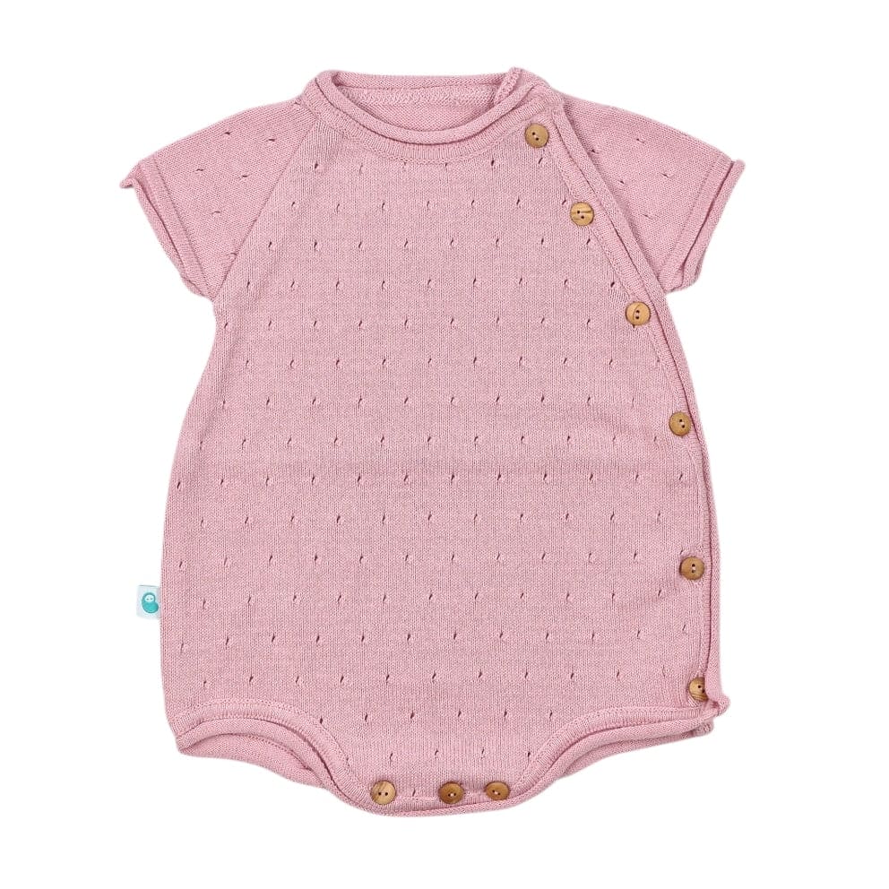 Rose Pink Short Sleeve Perforated Cotton Knit Romper